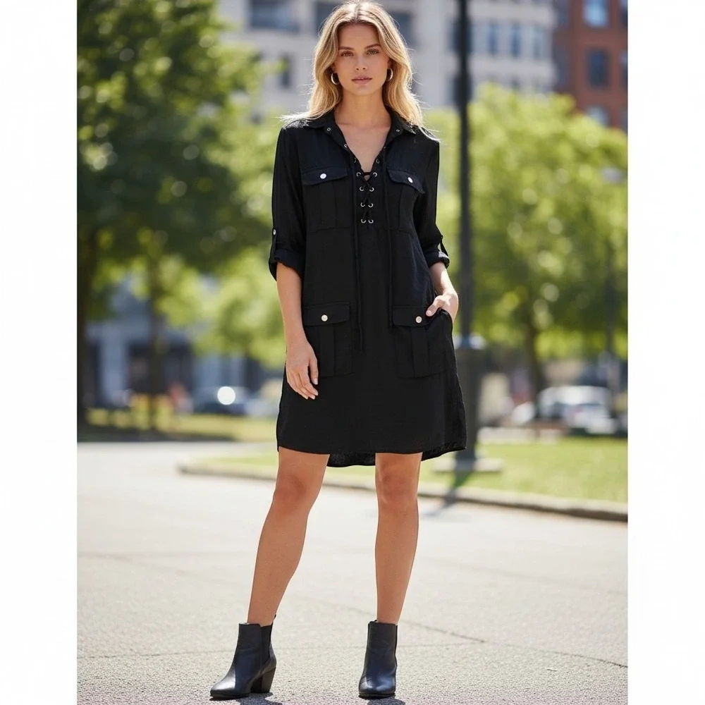 Denim & Supply Ralph‎ Lauren Shirt Dress Womens XS Black Lace Up Utility Safari